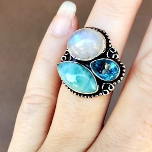New Rainbow Moonstone, Larimar, Blue Topaz 925 Silver Ring.